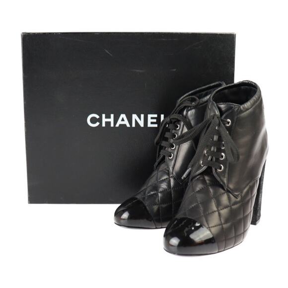 CHANEL boots 9 Matrasse Booties Short Heels Quilted Chunky Lace Up Women 39 - Picture 3 of 10